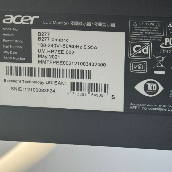 Монитор ACER B277bmiprx  27,0" 75 гц Монитор ACER B277bmiprx  27,0" 75 гц